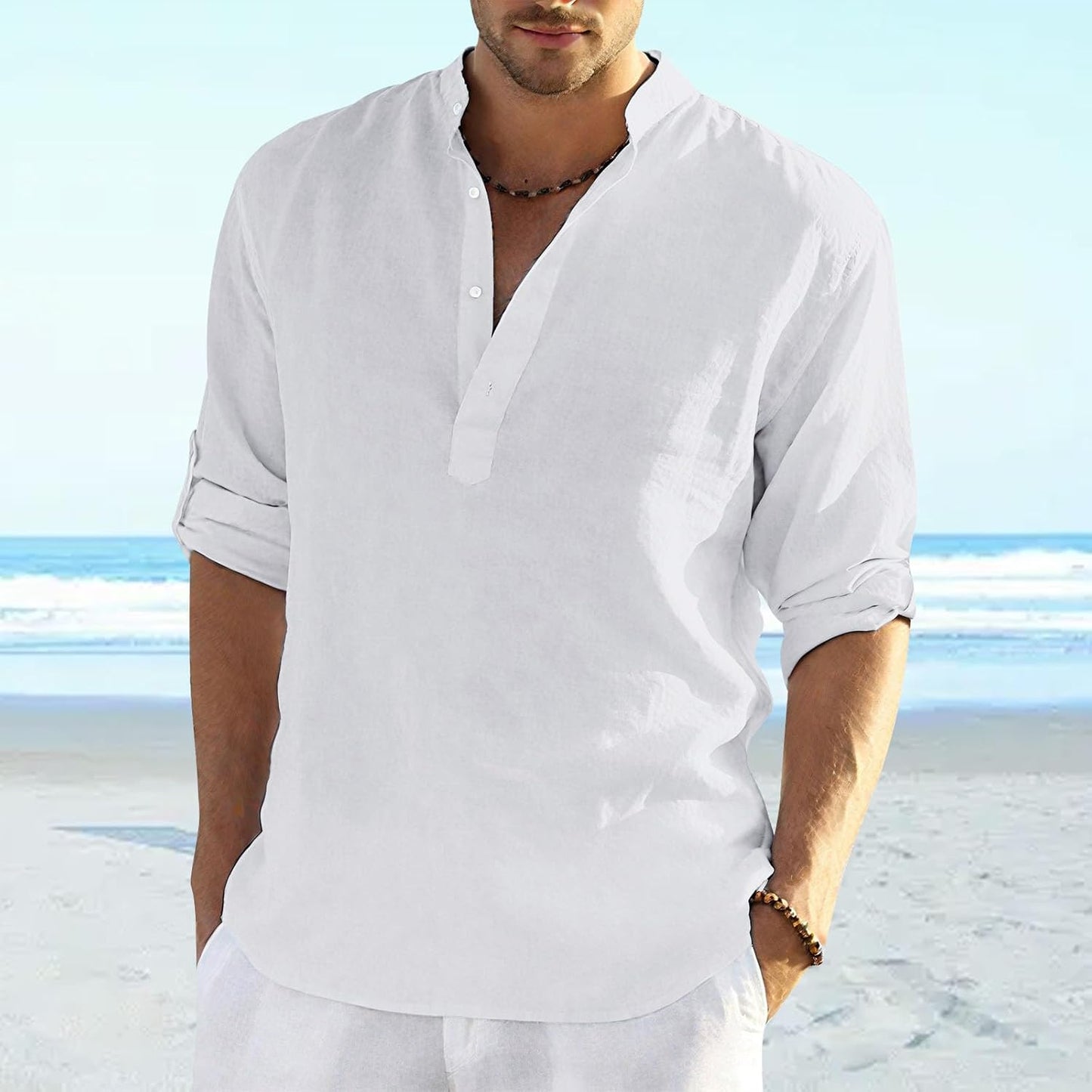Skiennix Men's Cotton Henley Shirt - Half Sleeve Stand Collar Casual Tee | Solid Color, Loose Fit