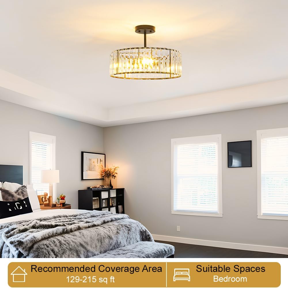 Modern Gold Crystal Ceiling Light Fixture - 11-Inch Semi Flush Mount Chandelier for Kitchen & Entryway