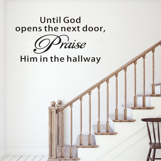 Bible Verse Wall Stickers for Bedroom: Christian Quotes Inspirational Vinyl Art Wall Decals for Living Room Kitchen - Until God Opens The Next Door 21" X 11"