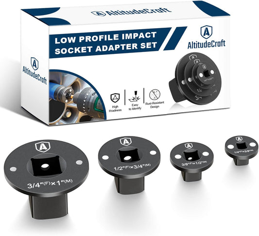 Low Profile Impact Socket Adapter Set - 4PC Drive Ratchet Adapters for Tight Spaces, 3/8" to 1/2", 1/4" to 3/8", 3/4" to 1", 1/2" to 3/4"