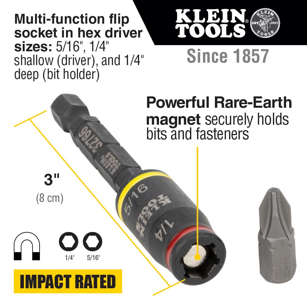 Klein Tools 32308F Impact Driver Set, 10-in-1 Stubby Screwdriver Driver Set, Hex Flip Socket, 7 Bits, 1/4-Inch Bit Holding Feature, 10-Piece