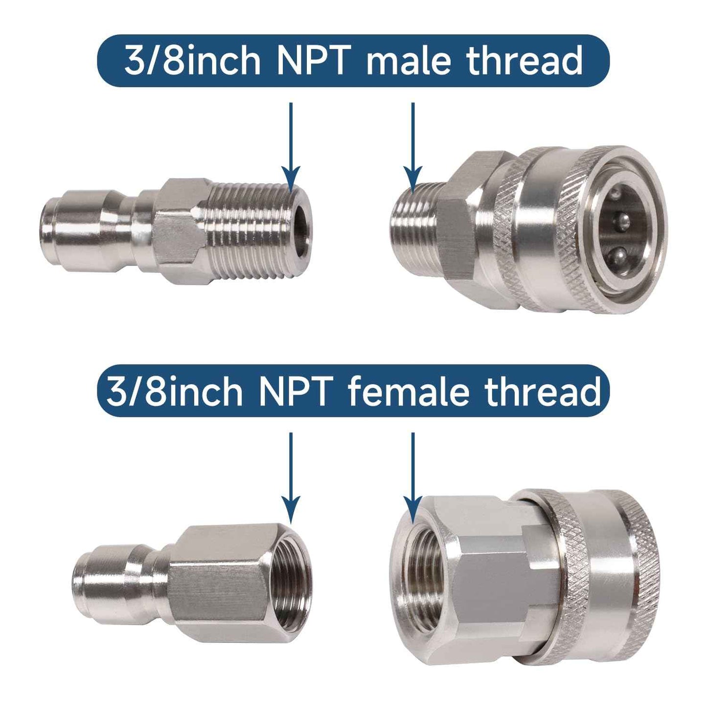 3/8 Inch 3/8'' Pressure Washer Quick Connect Fittings Stainless Steel Adapter Set for NPT Male and Female Thread Kit