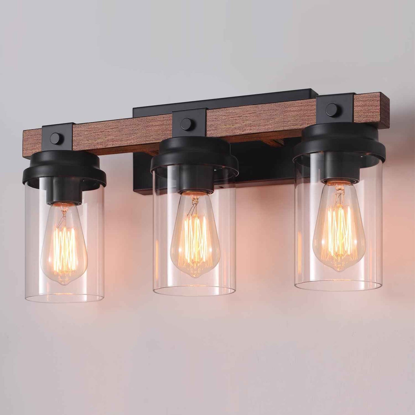 Farmhouse 2-Light Vanity Lights for Bathroom - Rustic Black Wood & Glass Sconces