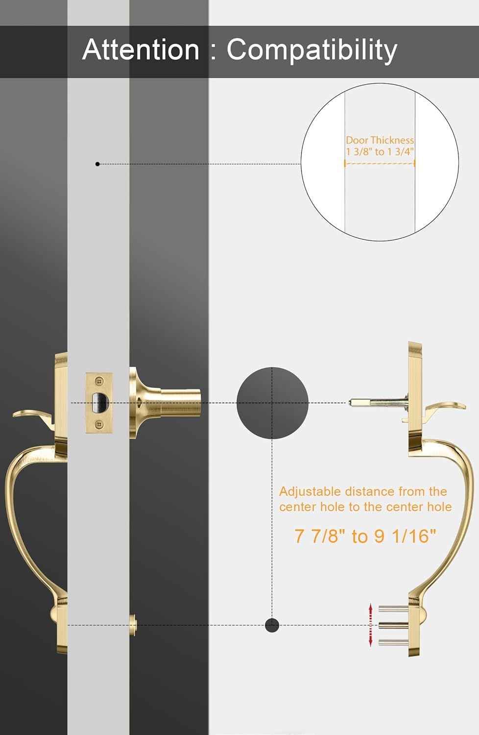 Gold Front Door Handle & Deadbolt Set - Reversible Lever Lock Hardware