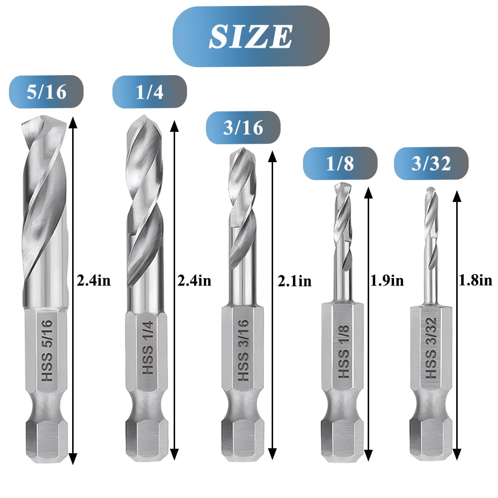Teocpai 5Pcs 1/4'' Hex Shank Stubby Drill Bit Set for Metal, HSS M2 for Quick Change 3/32, 1/8, 3/16, 1/4, 5/16 Inch