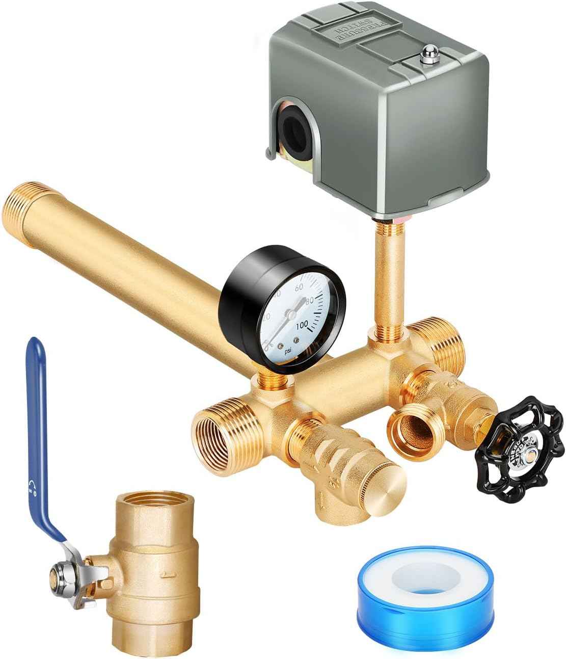Well Pressure Tank Tee Kit with Union & 40-60 PSI Switch - Upgraded 1” x 11” for Tanks Up to 16” Diameter