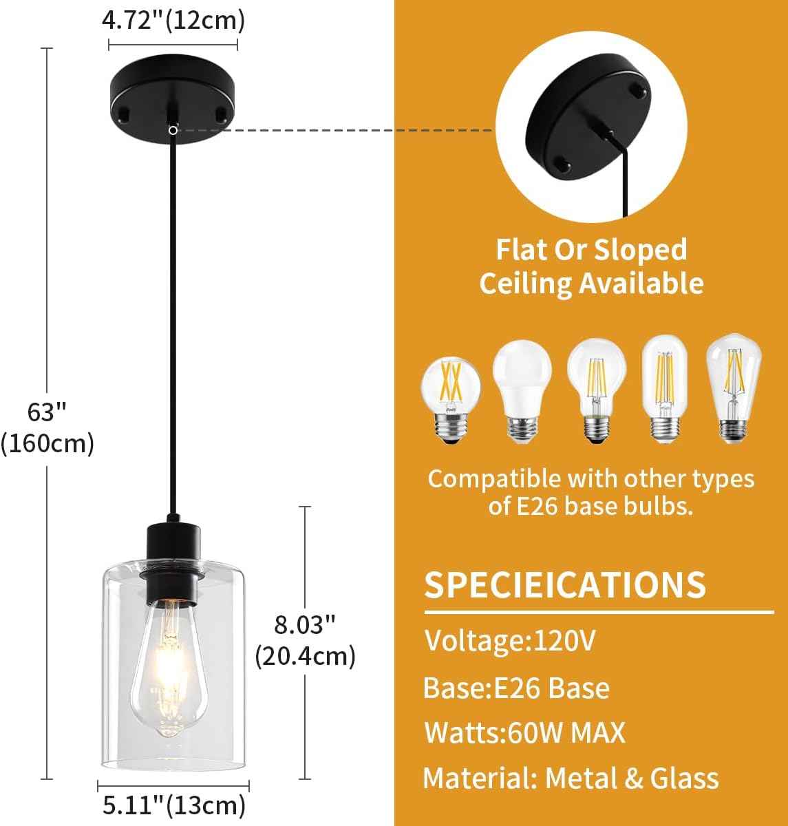 Modern Black Pendant Lights for Kitchen Island - 3 Pack Glass Hanging Fixtures