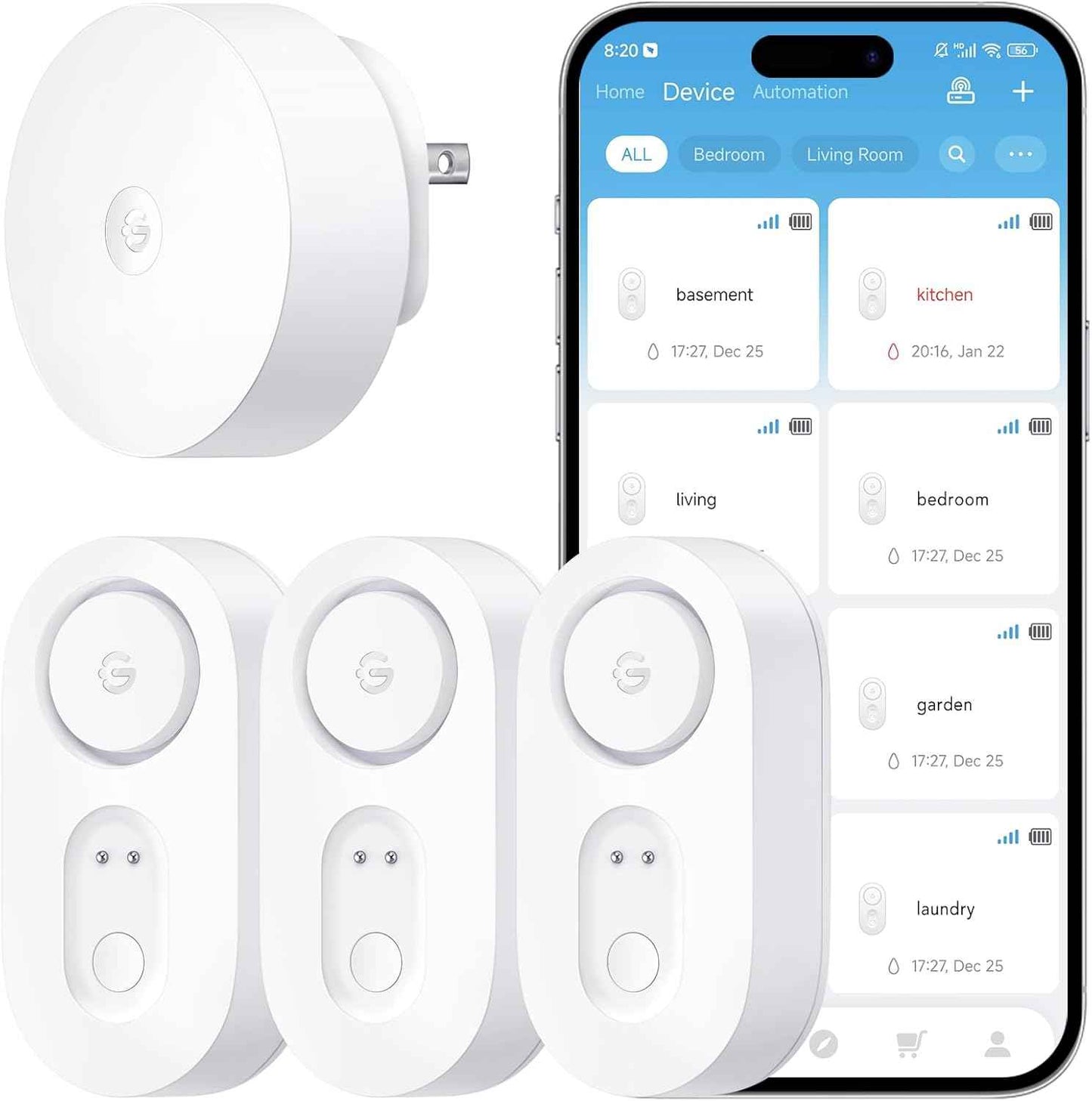 WiFi Smart Water Leak Detector - 3 Pack with 1804ft Range & 5-Year Battery Alerts