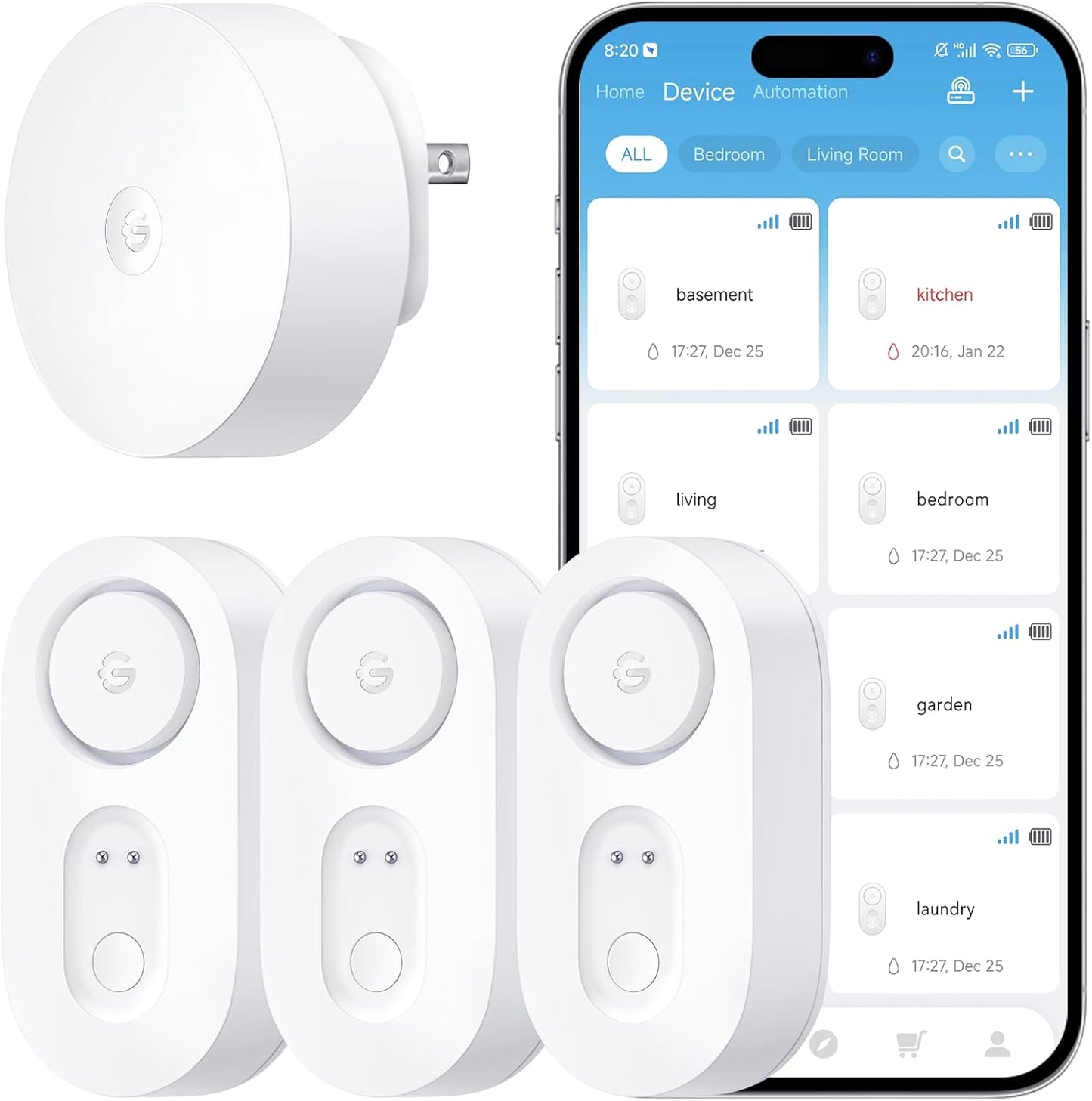 Smart Water Leak Detector with WiFi & 1804ft Range - 3 Pack, 5-Year Battery Life