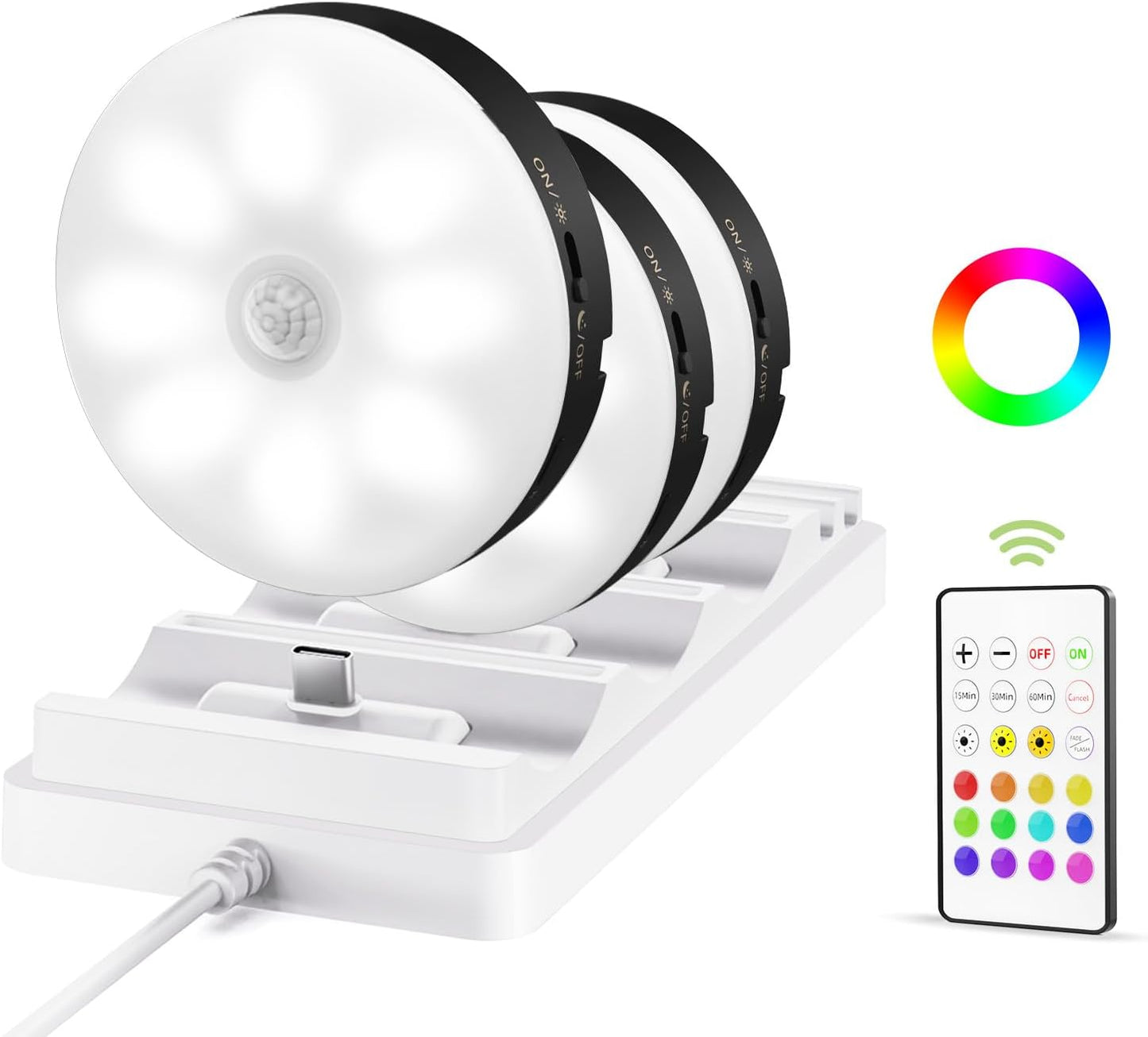 Rechargeable Under Cabinet Puck Lights with Remote - Dimmable RGB & 3 Color Temps (6 Pack)