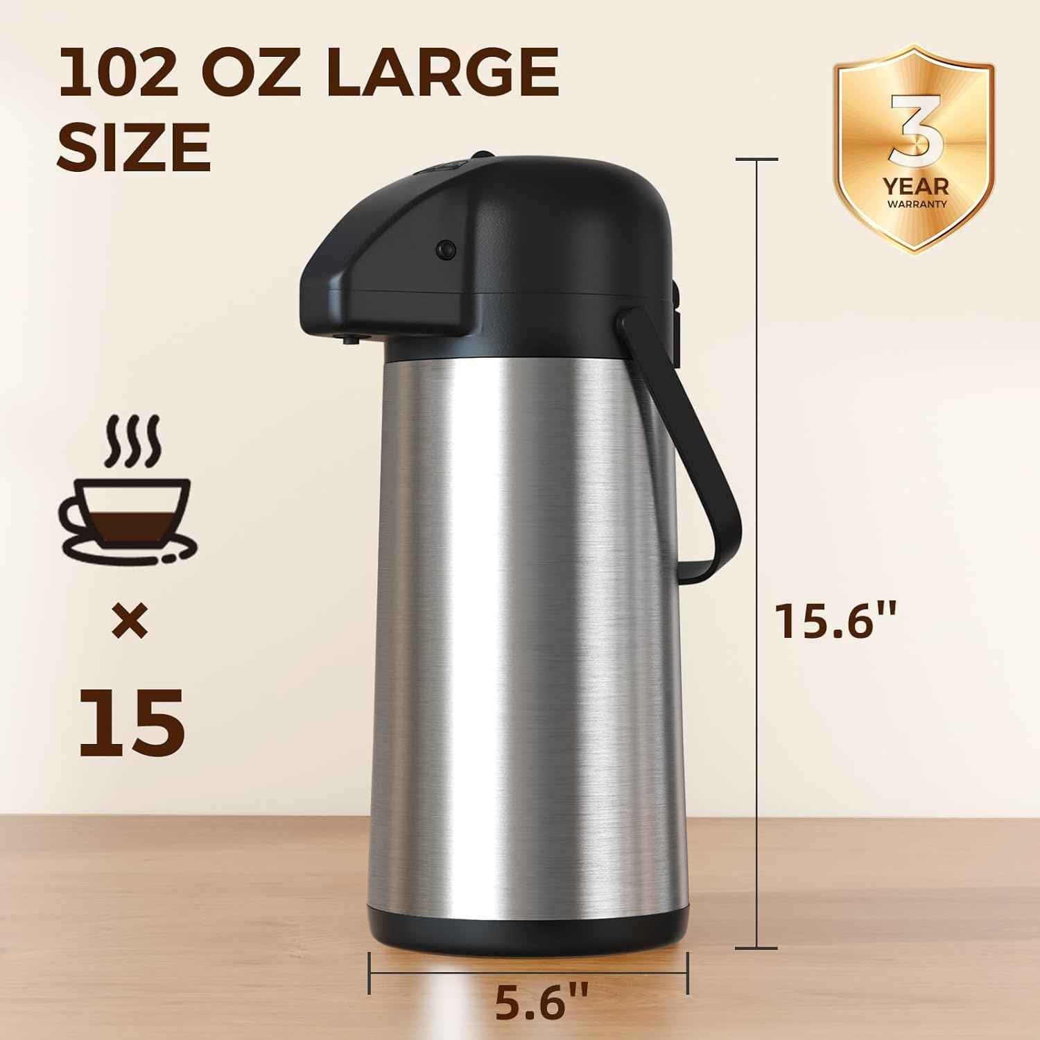 Large 102OZ Stainless Steel Coffee Carafe - Insulated Airpot Dispenser for Hot Drinks