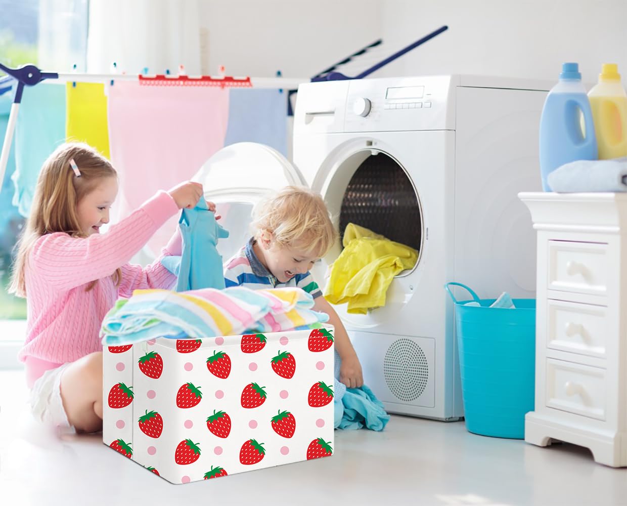 NTAOHAMPER Rectangular Storage Basket Empty, Storage Bin with Handles, Room Decor, Gift Basket, Book Box(Strawberry)