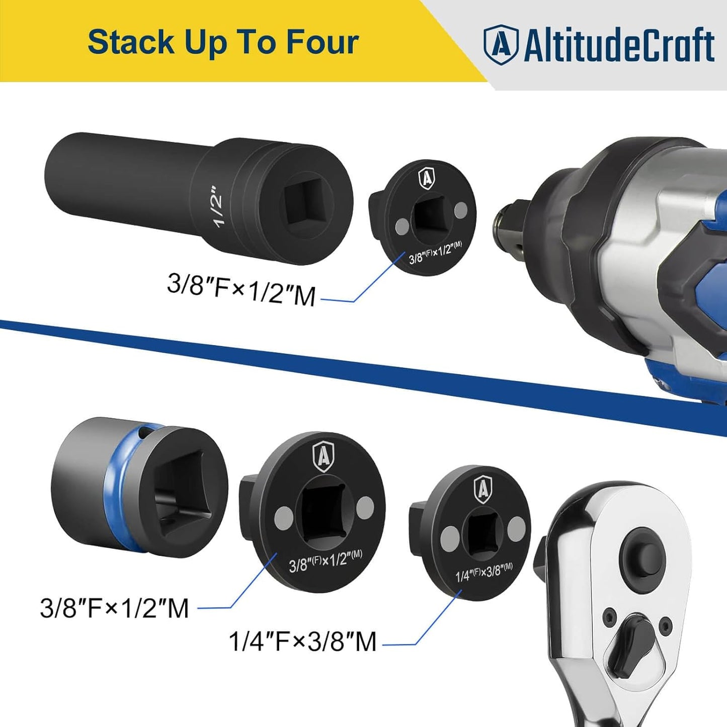 Low Profile Impact Socket Adapter Set - 4PC Drive Ratchet Adapters for Tight Spaces, 3/8" to 1/2", 1/4" to 3/8", 3/4" to 1", 1/2" to 3/4"