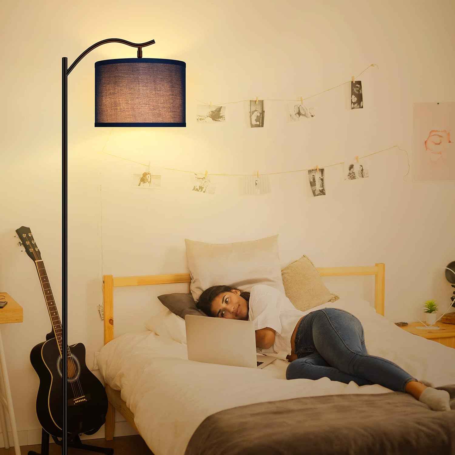 Modern LED Floor Lamp with Bohemian Linen Shade – Arched Tall Standing Light for Living Room & Bedroom