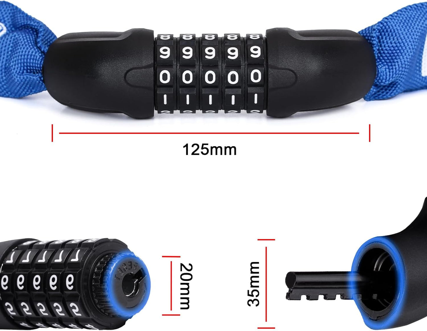 Meetlocks Bike Chain Lock - 3.2 Feet Blue 5-Digit Combination High Security Anti-Theft Lock for Bicycles, Scooters, and More