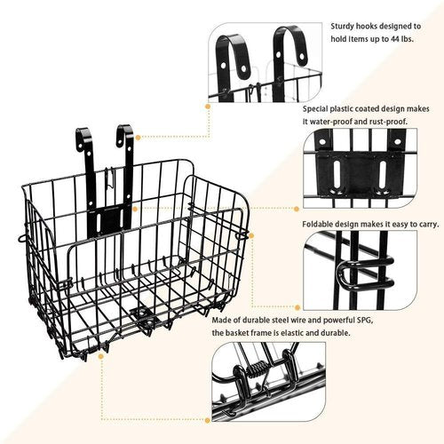 HOMEE Folding Rear Bike Basket Wire Mesh Fold-Up Detachable Front Bag Rear Hanging Bike Basket Bicycle Bag Cargo Rack for Mountain Bike Accessories Bike Frame Basket 1 Pack