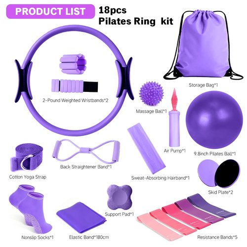 Pilates Equipment Set for Home Workouts –15in1 Home Pilates Kit with Ring and Ball Set, Resistance Bands, Pilates Yoga Accessories, Core Sliders & Ankle Weights, Pilates Essentials Kit (Purple)