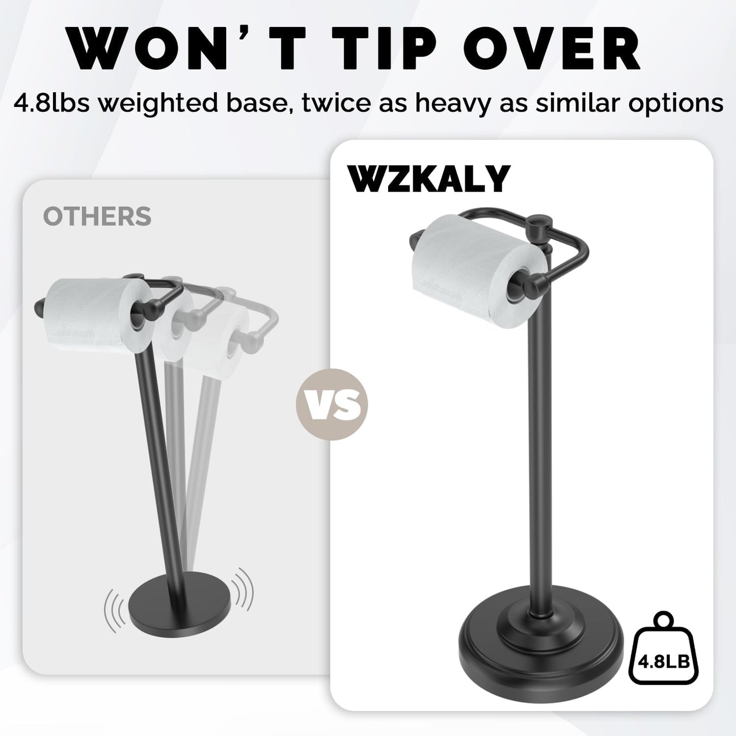 Brushed Nickel Free Standing Toilet Paper Holder with Pivoting Design & Weighted Base