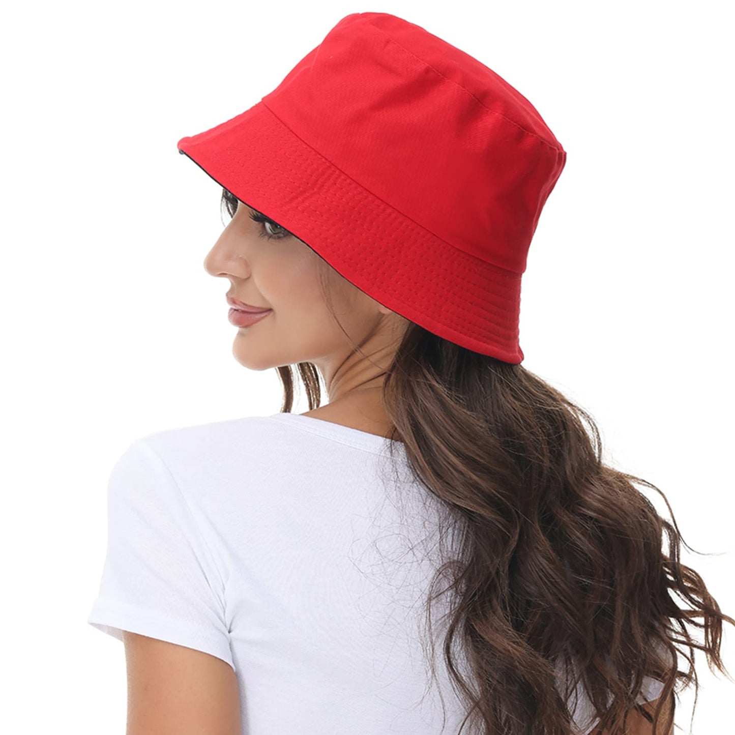 Women Reversible Bucket Hat, Summer Sun Hat for Women, Black- Red