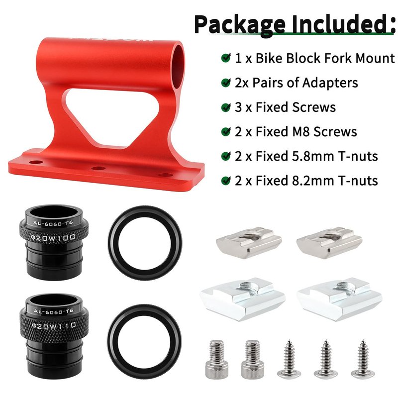 MUQZI Bike Fork Mount, 20x100mm/20x110mm Thru-Axle Fork Mounts Block Holder for MTB Road Bikes, Red