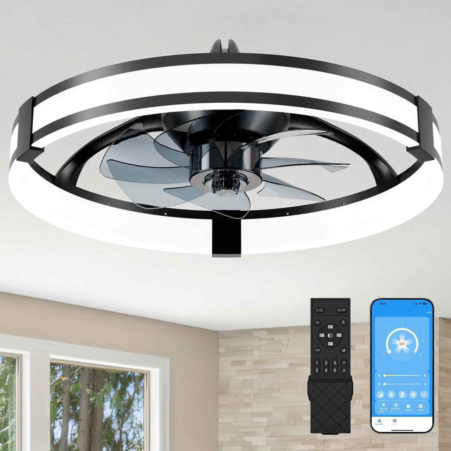 Smart Bladeless LED Ceiling Fan with Lights & Remote - 20" Black Low Profile Flush Mount for Bedroom