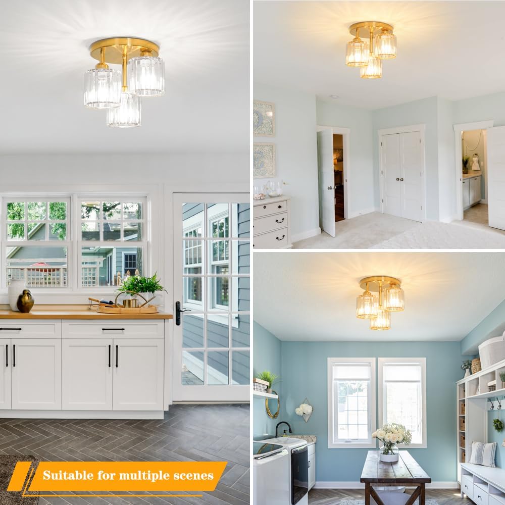 Modern Gold Crystal Ceiling Light Fixture - 11-Inch Semi Flush Mount Chandelier for Kitchen & Entryway
