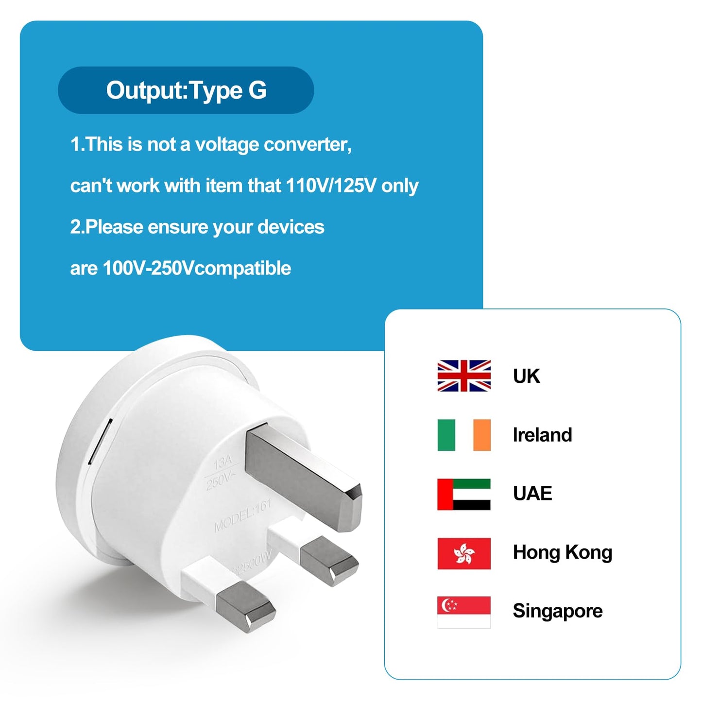 Ziissup UK Plug Adapter for Travel, Type G International Power Adapter for UK Hong Kong Ireland UAE 3-Packs