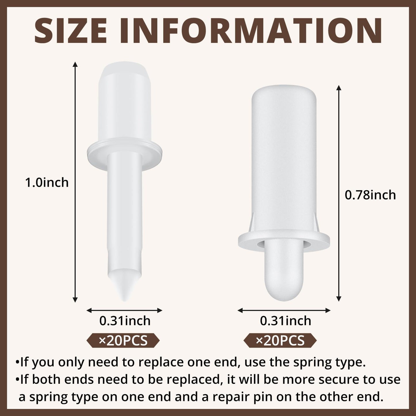 Maitys 40 Pieces Shutter Repair Pins, Plantation Shutter Fasteners Spring Loaded Replacement Repair Pins for Windows, Cabinet, Movable Blade, Blind Slats, White(Two Size)