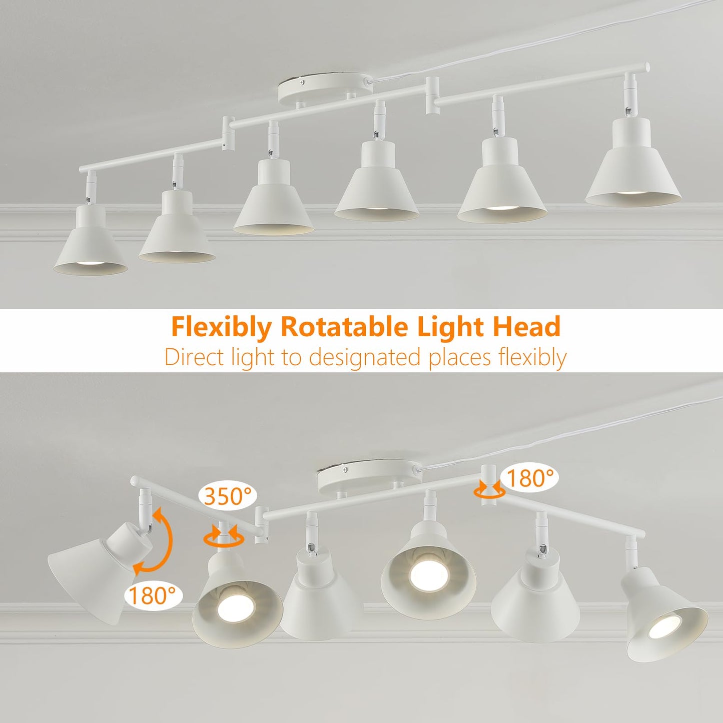 White Dimmable 6 Light Plug in Ceiling Light Fixture,Modern Plug in Track Lighting,16.4ft Cord with Dimming Switch,6 Way Ceiling Spot Lighting,Flexibly Rotatable Light Head,6*LED Spot Bulbs Included