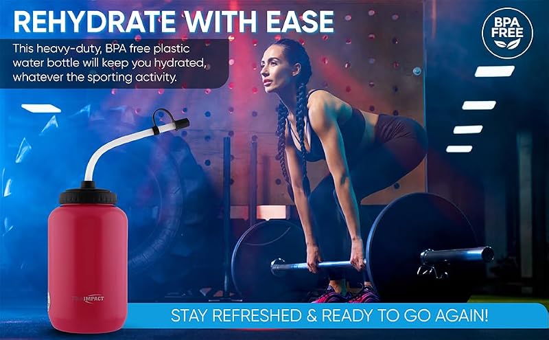 Pro Impact Red Squeezable Water Bottle 35.5 oz with Bendable Long Straw - BPA Free
