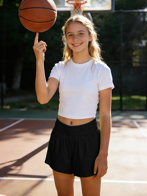 WIFFGO Girls Athletic Shorts Elastic High Waist 2 in 1 Shorts with Side Pockets Running Workout Sports for Teen Kids Black