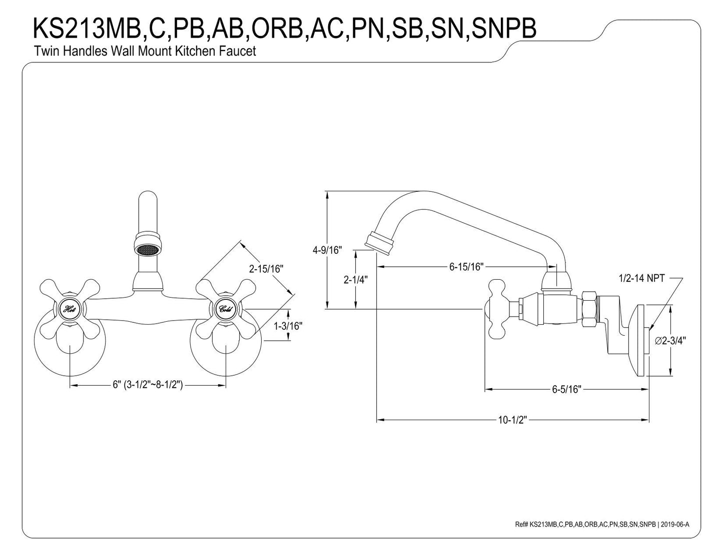 Kingston Brass KS213ORB Victorian Two Handle Wall Mount Kitchen Faucet, 7-Inch, Oil Rubbed Bronze