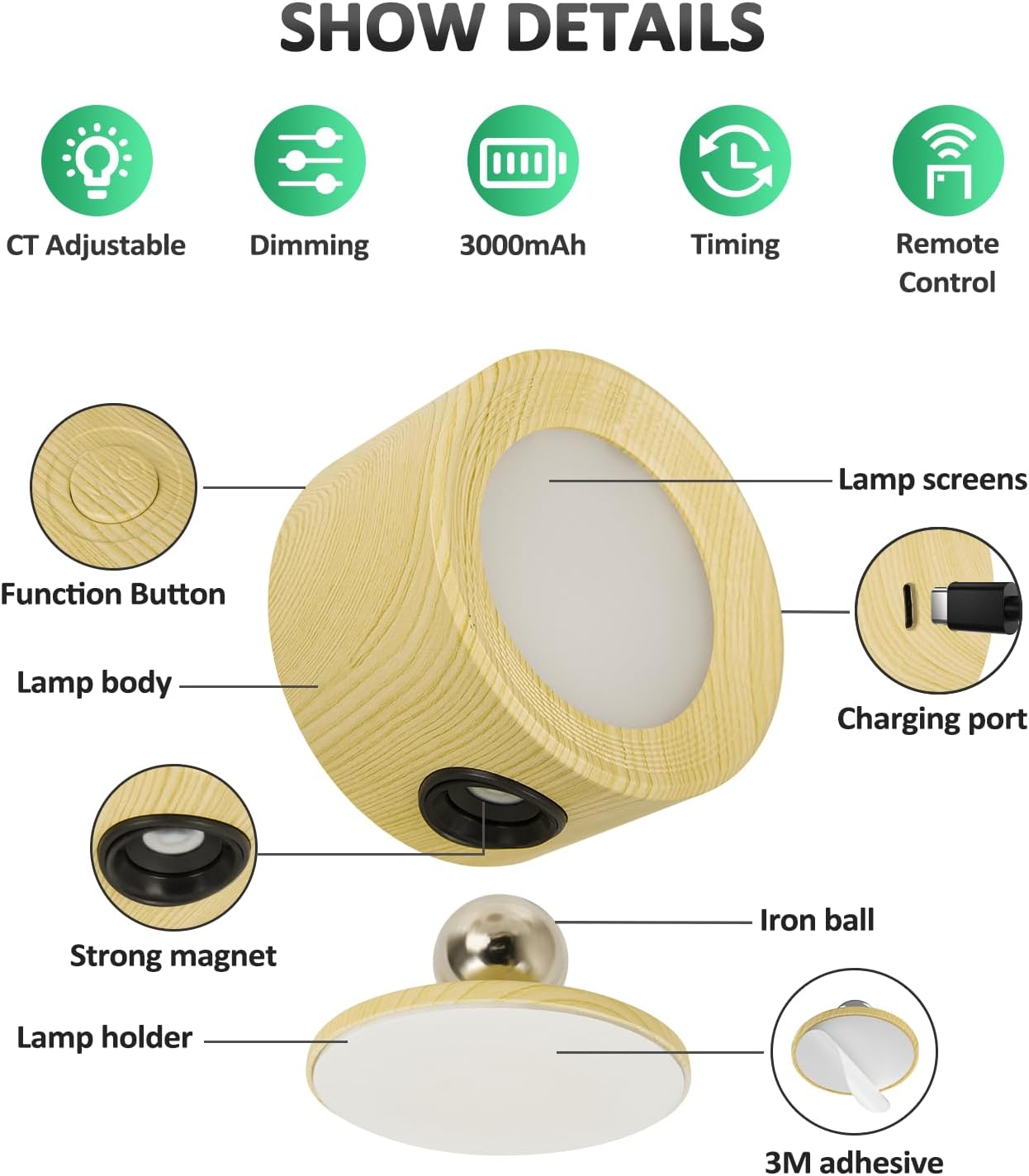 Rechargeable LED Wall Mounted Lights - 3 Pack with Remote, Dimmable & 360° Rotation for Bedroom