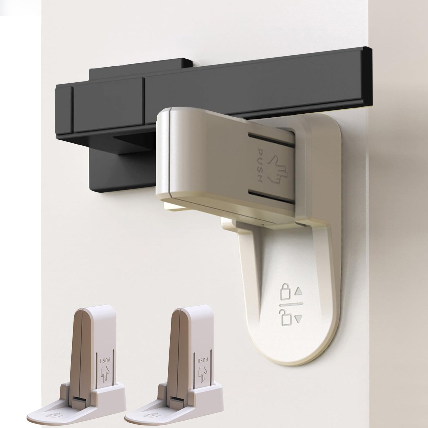 KIZZHISI Child Proof Door Lock (2 Pack) - No-Drill Universal Door Handle Lock with 3M Adhesive, Light Gray Durable ABS Door Handle Baby Proof - Easy One Hand Operation for Adults