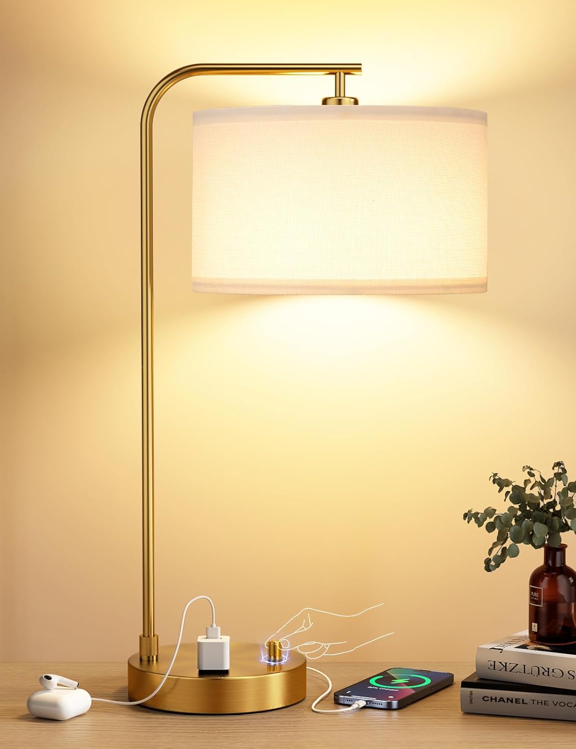 Dimmable Tall Table Lamp with USB Port & Outlet - Linen Shade Bedside Desk Lamp for Bedroom, Living Room, Home Office