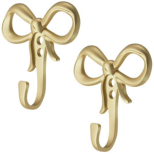 Otoolling 2 Pack Small Gold Bow Wall Hook Bow Knot Hooks for Wall 2.36'' Gold Decorative Coat Holder Metal Bowknot Door Hanger for Hats Bags Tie Bath Towels Coats
