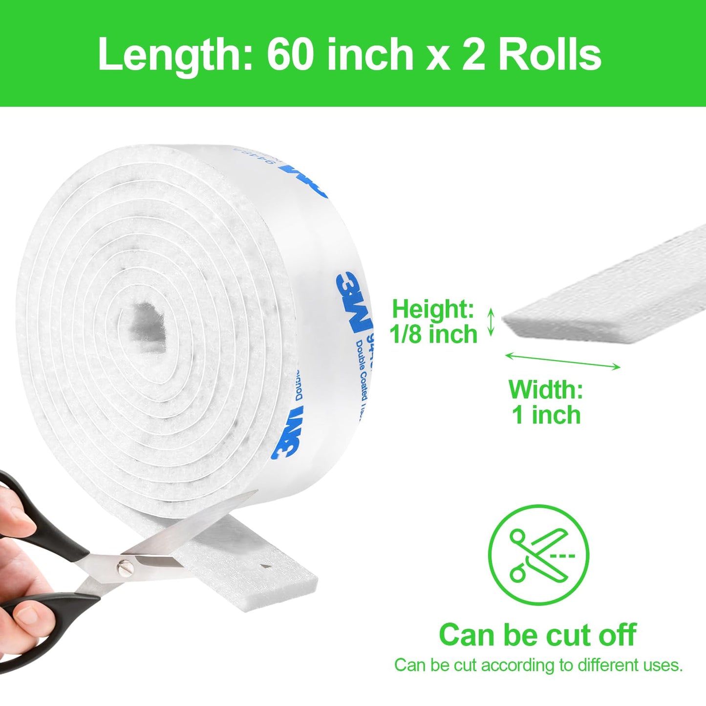 Felt Strips with Adhesive Backing, Adhesive Felt Strips, 2 Felt Rolls 1"x 60" White, Felt Tape with Adhesive Backing, Furniture Felt Strips