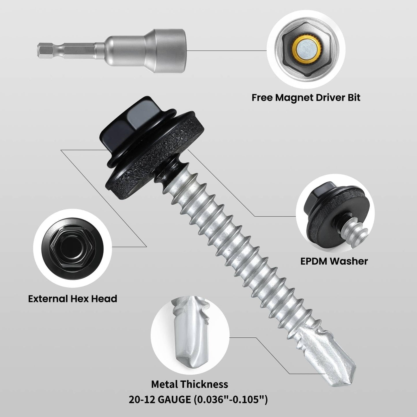BNUOK #10 x 1 in Self-Drilling Metal Roofing Screws,Sheet Metal Roof Screw,EPDM Washer,Black Hex Head,with Hex Driver Bit(1LBs,85Pcs)