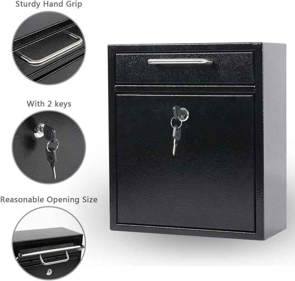 Secure Wall-Mount Mailbox with Lock | KYODOLED Large Steel Drop Box, Black, 16.2H x 11.22L x 4.72W
