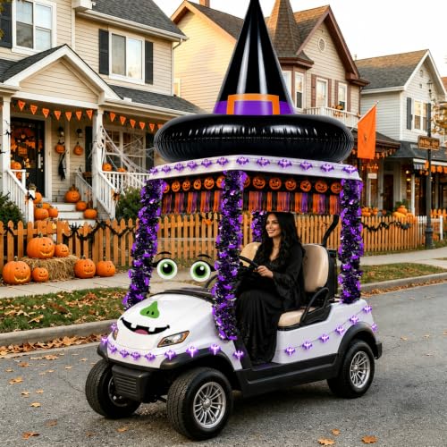 Halloween Golf Cart Decorations Kit with Inflatable Witch Hat, LED Bat Lights & Banners
