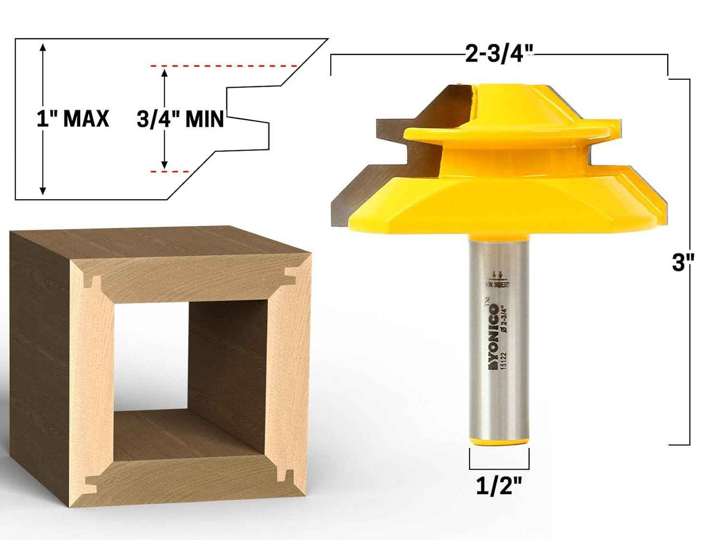 YONICO 45° Lock Miter Router Bit Set – 3 Bits, 1/2-Inch Shank for Precision Joinery