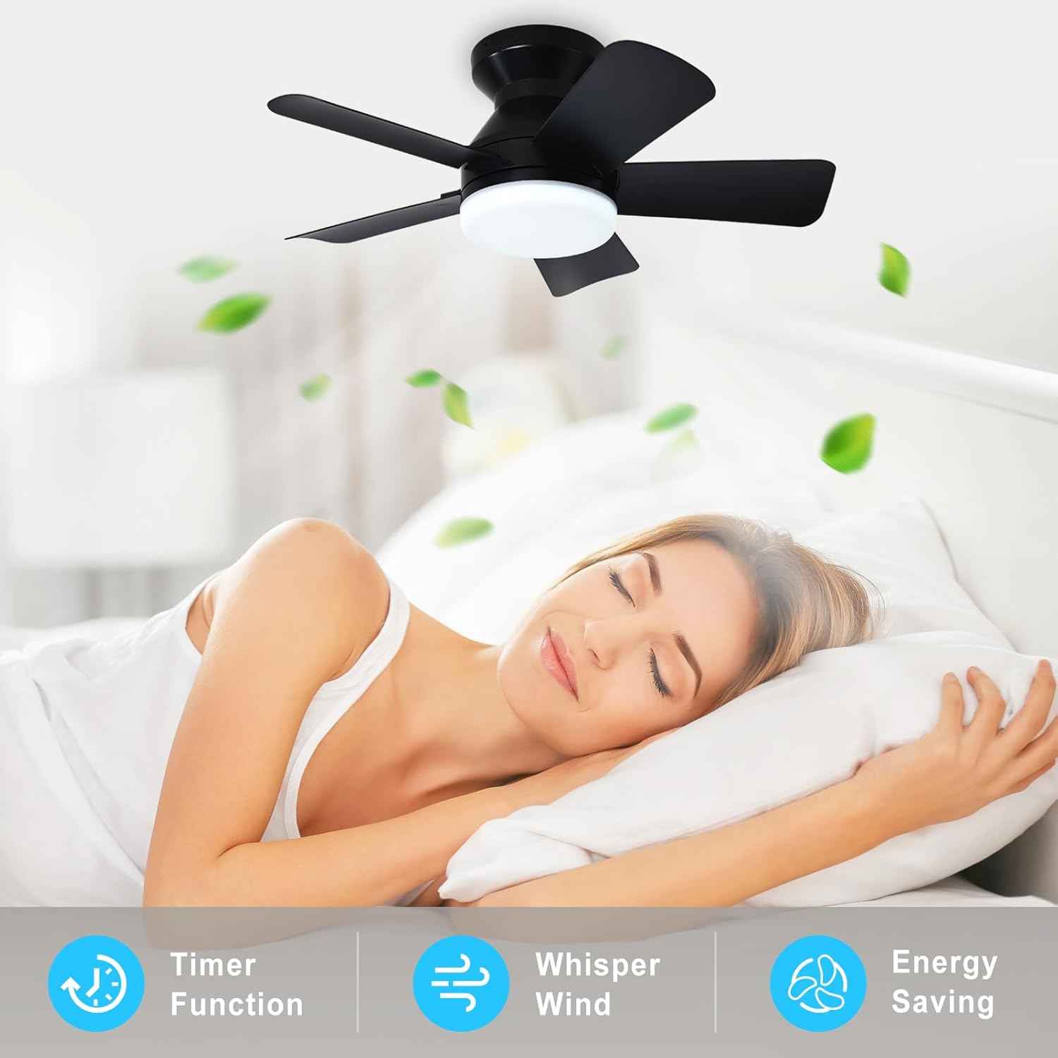 42-Inch Modern Black Ceiling Fan with Light & Remote - Dimmable Low Profile, 5 Reversible Walnut Blades, 6 Speeds for Indoor/Outdoor Use