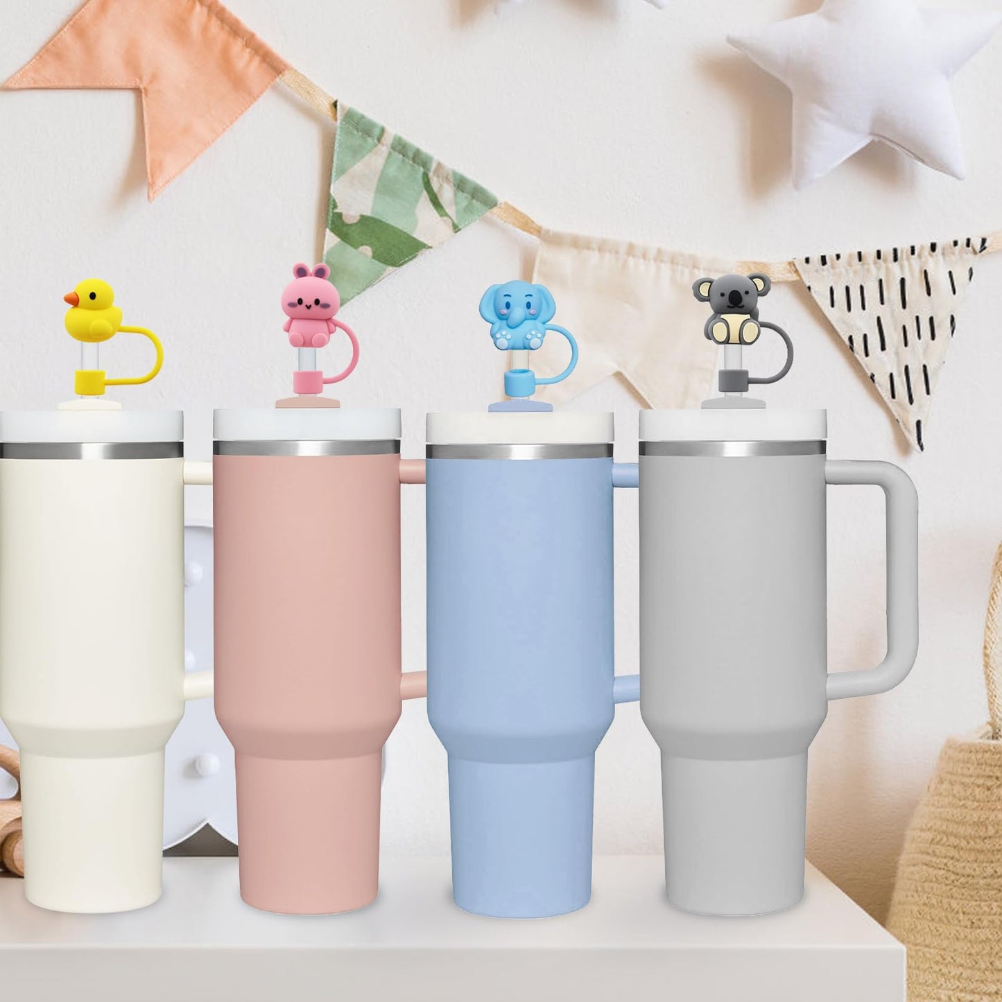 4 Pcs 0.4in Straw Cover for Stanley Cup, Silicone Straw Topper Set for 30&40oz Stanley Tumble, Fit for 10mm/0.4in Straws (Animal)