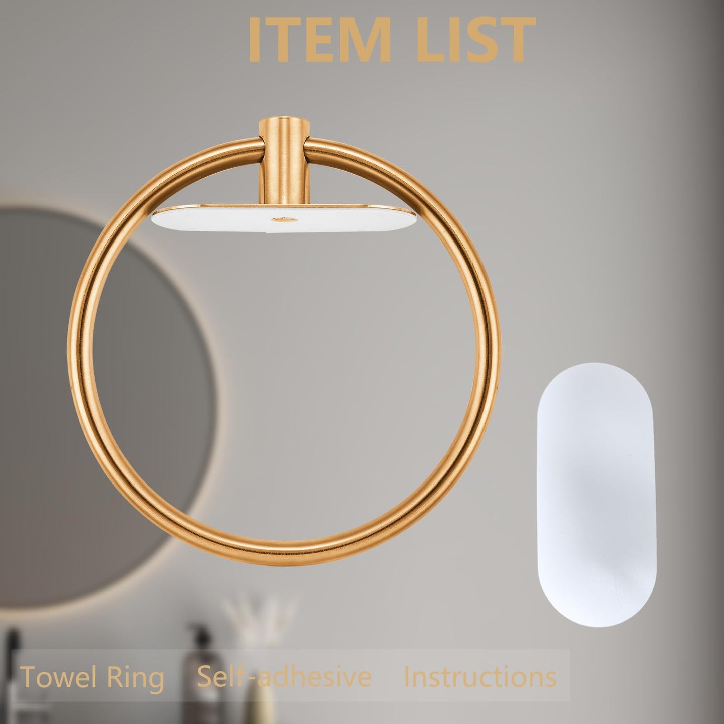 Self-Adhesive Towel Ring for Bathroom, No Drilling Stainless Steel Rustproof Hand Towel Holder, Wall Mounted Bathroom & Kitchen Towel Hanger with Strong Adhesive, Modern Bath Organizer Brushed Gold