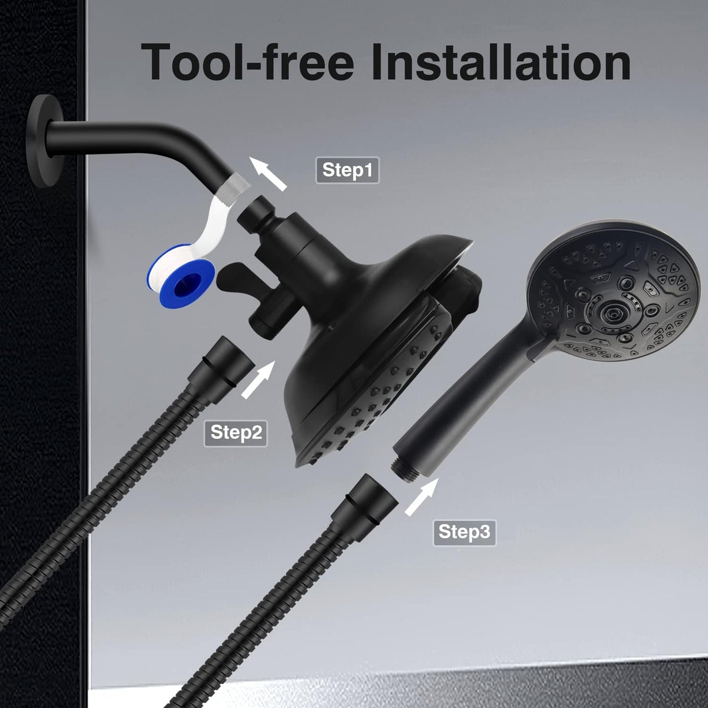 2.5GPM 7.2" Rainfall & Handheld Shower Head Combo with 60" Stainless Steel Hose