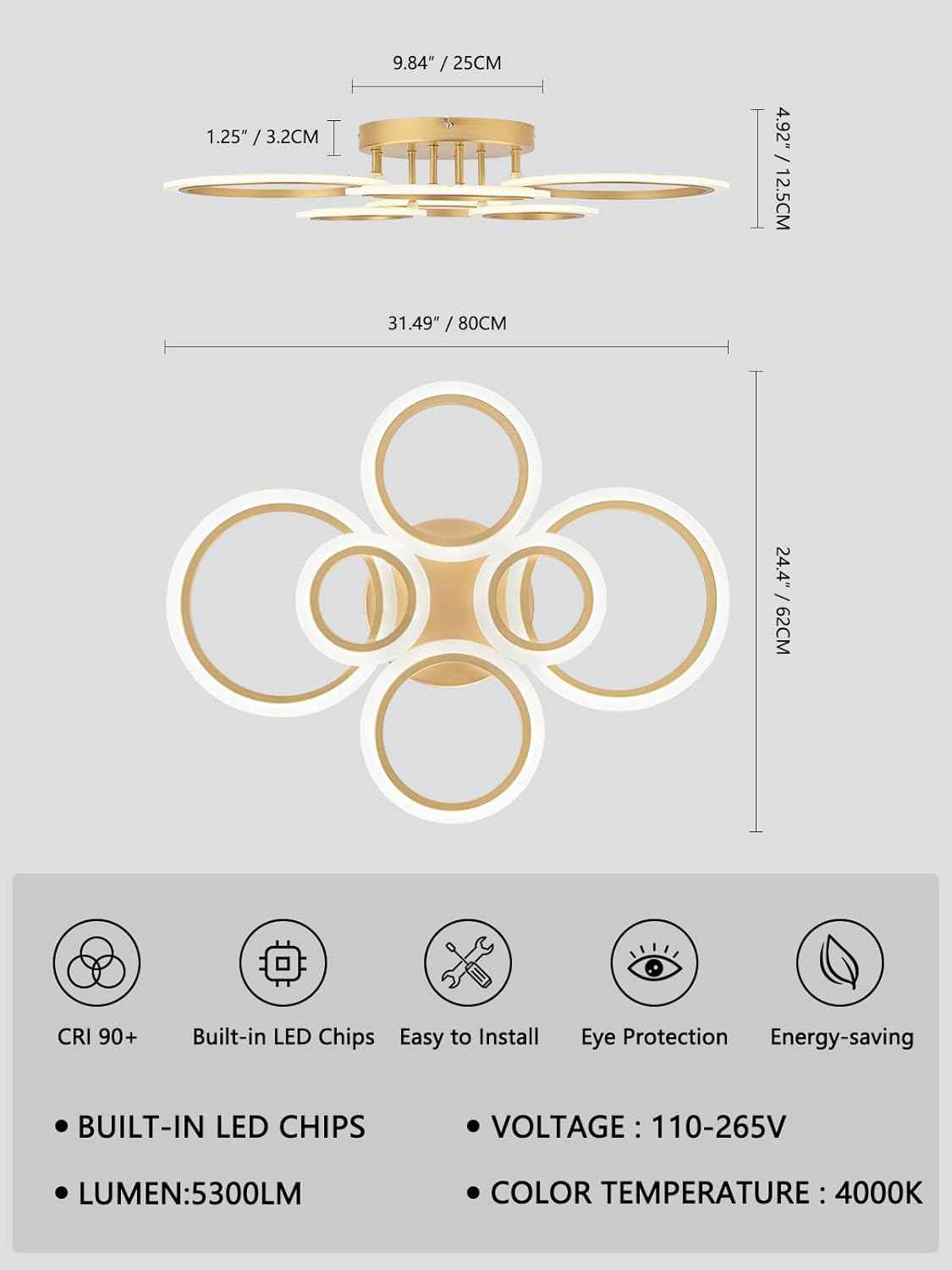 Modern LED Flush Mount Ceiling Light - 4 Rings 4000K Fixture for Kitchen & Living Room