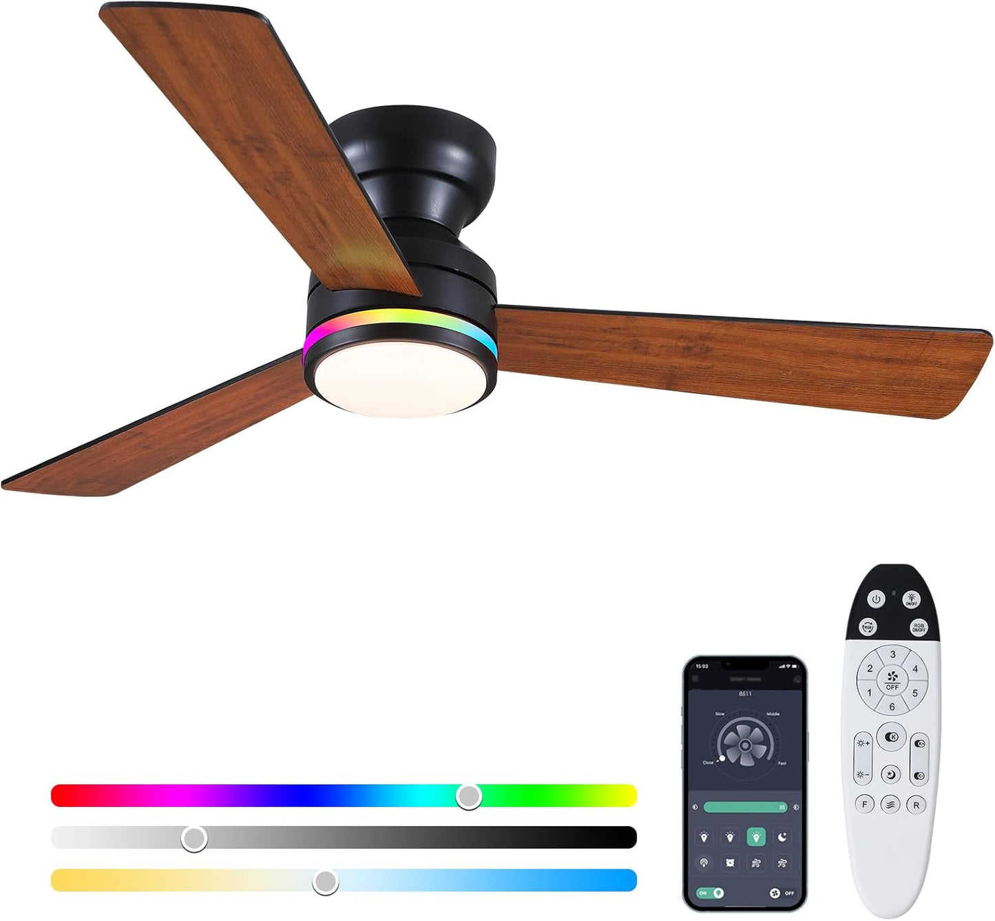 46” Black Low Profile Ceiling Fan with Lights & Remote Control - Dimmable, Noiseless, Reversible for Bedroom