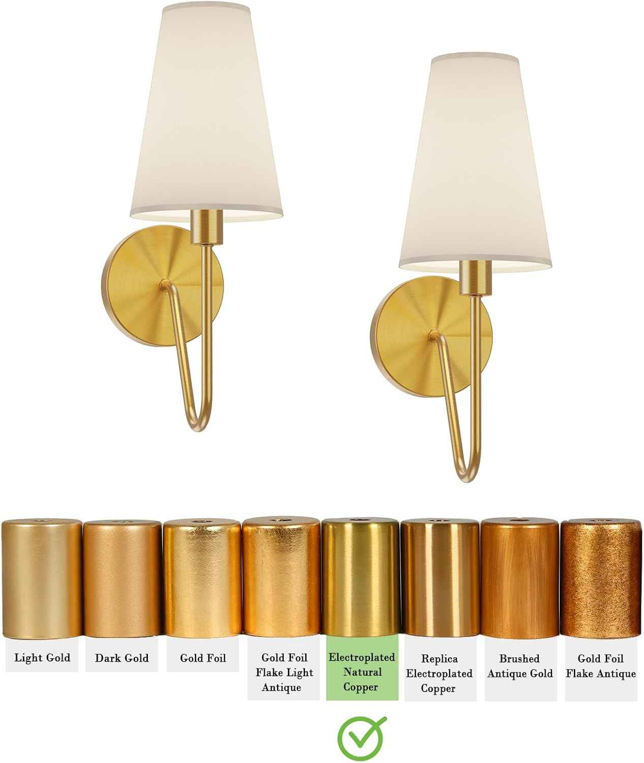 Gold Wall Sconce Lighting Fixture - Set of 2 Classic E12 Hardwired Lamps with Cream Shades