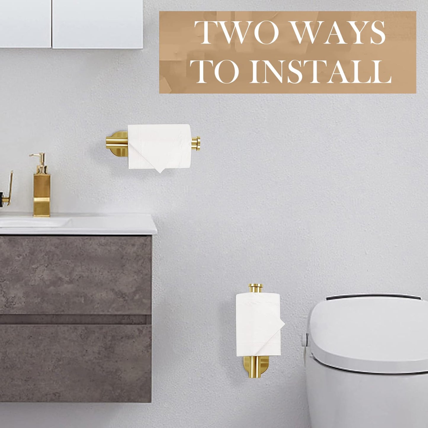 JOPOFI Toilet Paper Holder - Self Adhesive Toilet Paper Holder Wall Mount for Bathroom, SUS 304 Stainless Steel Command Strip Toilet Paper Roll Holder Stick On Wall, No Drilling - Brushed Gold