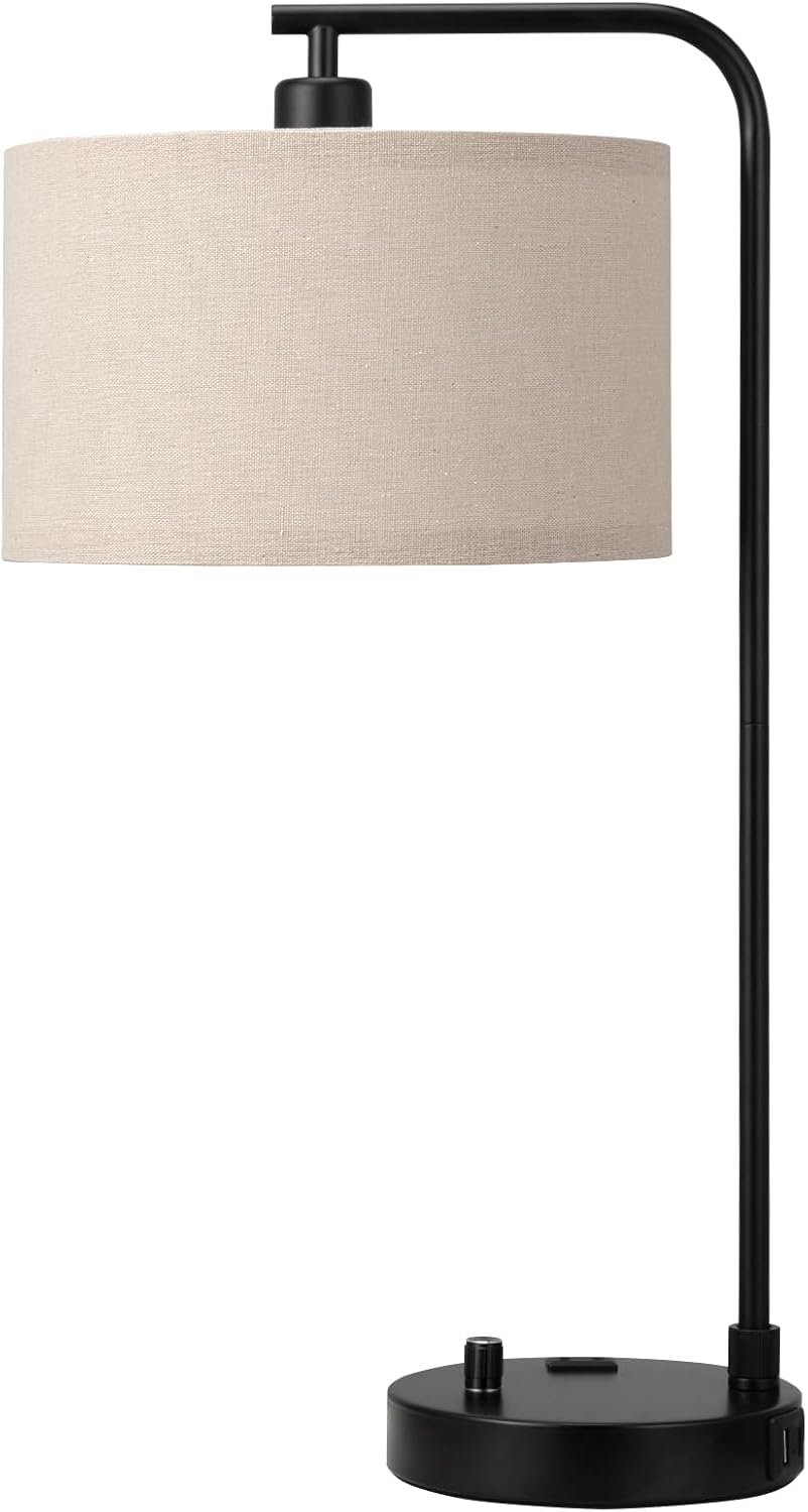 Dimmable Tall Table Lamp with USB Port & Outlet - Linen Shade Bedside Desk Lamp for Bedroom, Living Room, Home Office